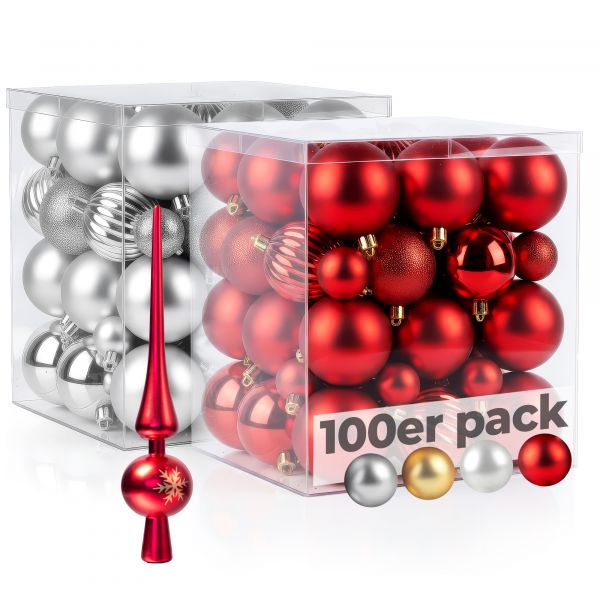Menz weihnachtskugeln 50er Rot + 50er Silber – Dekorative Kugeln aus Kunststoff in 3/4/6 cm