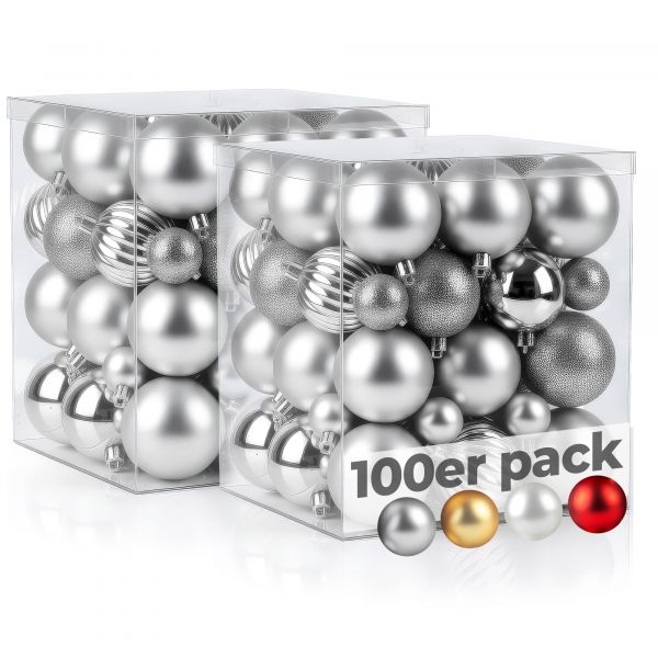 Menz Weihnachtskugeln 100er Silber Mix aus glänzenden matten glitzernden Kugeln 3 4 6cm