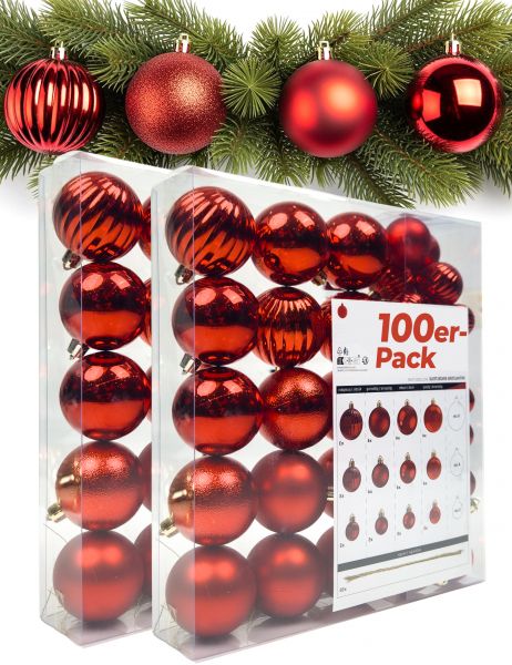 Menz Weihnachtskugeln 100er Rot Mix aus glänzenden matten glitzernden Kugeln 3 4 6cm