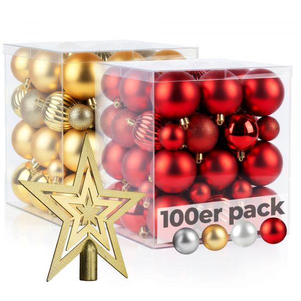 Menz Weihnachtskugeln 101er Set Rot & Gold mit Glanz Matt Glitter 3 4 6cm Christbaumkugeln