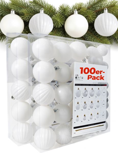 4smile weihnachtskugeln 100er Weiß – Elegante christbaumkugeln aus hochwertigem Kunststoff in 3/4/6