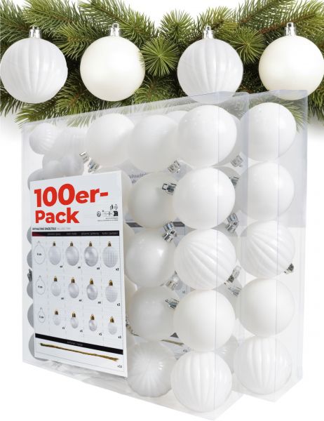 Menz Weihnachtskugeln 100er Weiß Mix aus glänzenden matten glitzernden Kugeln 3 4 6cm