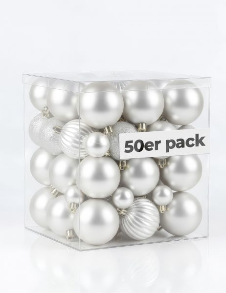 4smile Weihnachtskugeln 50er Weiß mit 4 Designs glänzend matt glitzernd Kürbiskugeln