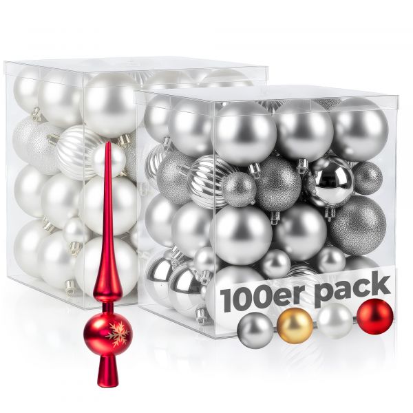 Menz weihnachtskugeln 50er Weiß + 50er Silber – Dekorative Kugeln aus Kunststoff in 3/4/6 cm